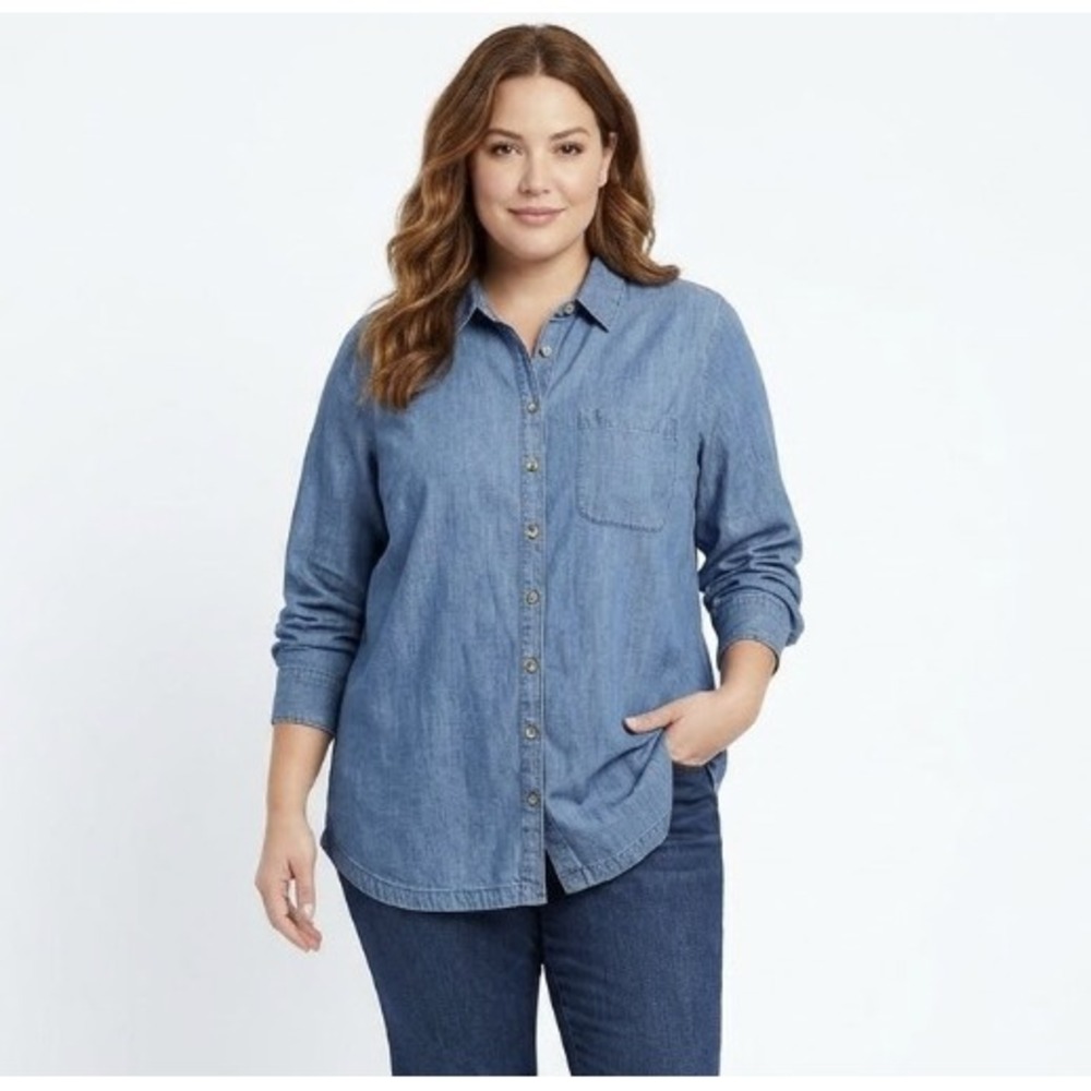 Chico's size 16/18 Petite Blue Lyocell Ultra Soft Long Sleeve Button Down Comfy